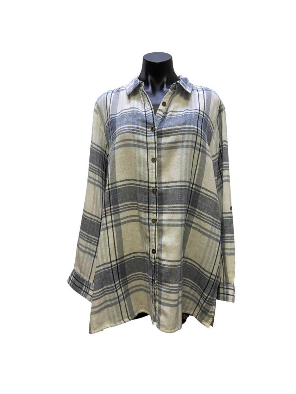 Karyn Seo Plaid Embroidered Button-Up Blouse Blue White XX-Large